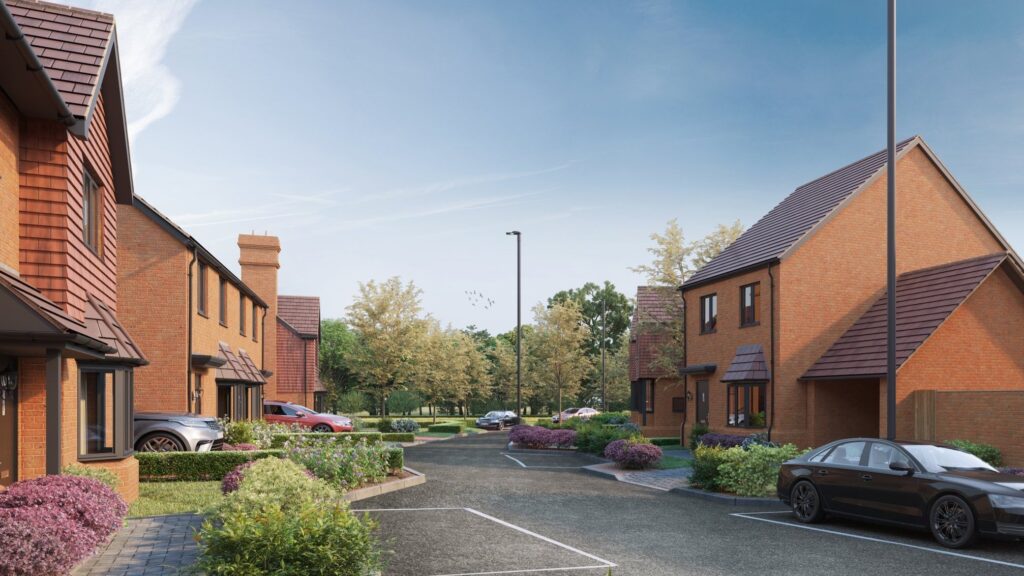 Grasslands street view with trees at the end of the street